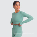 Fitness Yoga Outfit Seamless Spandex Crop Long Sleeve Yoga Set High Waist Casual Plain Sportswear With Thumbhole